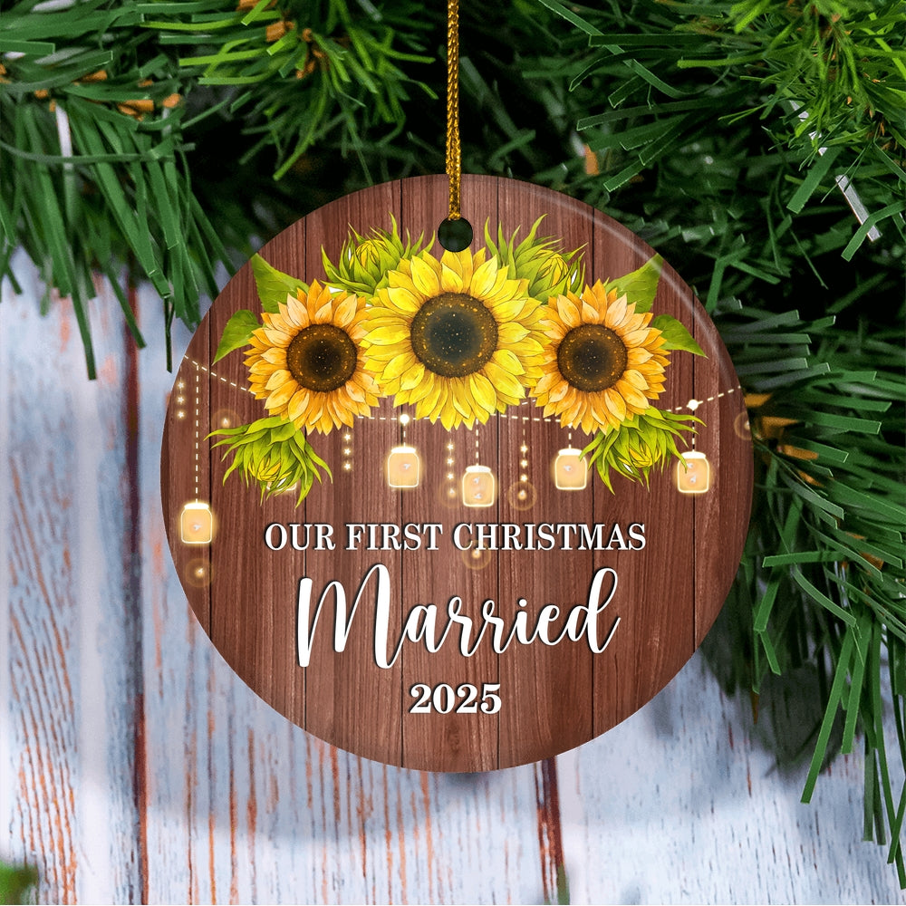 2025 Our First Christmas Married Mr And Mrs Gift Sunflower For Wedding Newlywed Couple 2025 Christmas Tree Ornament | siriusteestore
