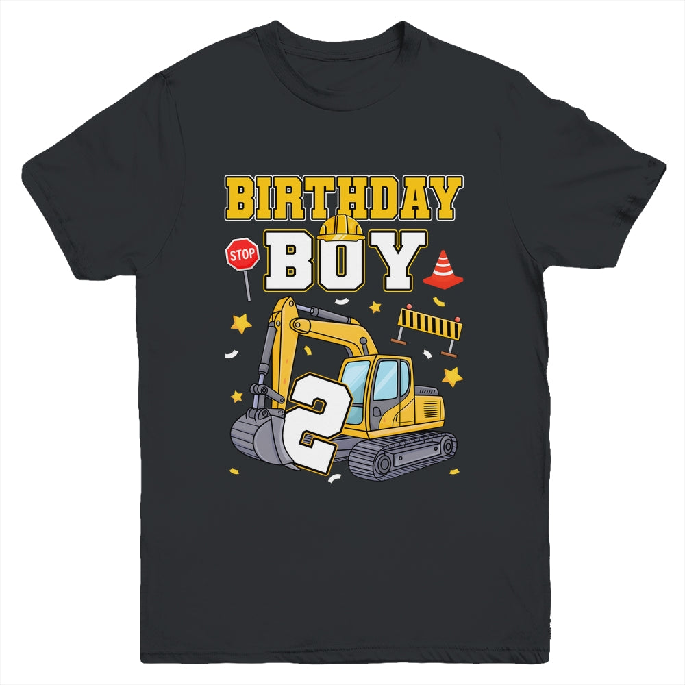 2nd Birthday Boy 2 Years Old Excavator Three Decorations Youth Shirt | siriusteestore