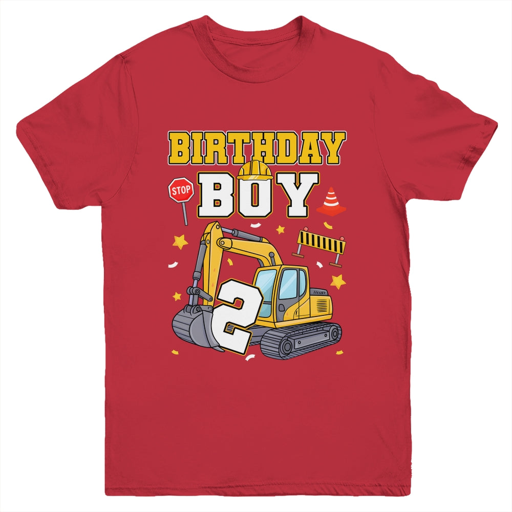 2nd Birthday Boy 2 Years Old Excavator Three Decorations Youth Shirt | siriusteestore