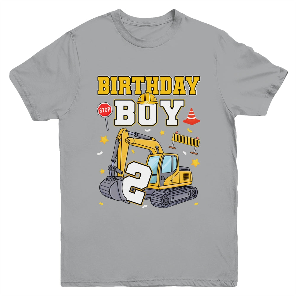 2nd Birthday Boy 2 Years Old Excavator Three Decorations Youth Shirt | siriusteestore