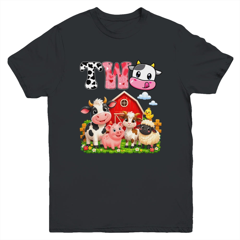 2nd Birthday Two Years Old Farm Theme Party Cow Birthday Youth Shirt | siriusteestore
