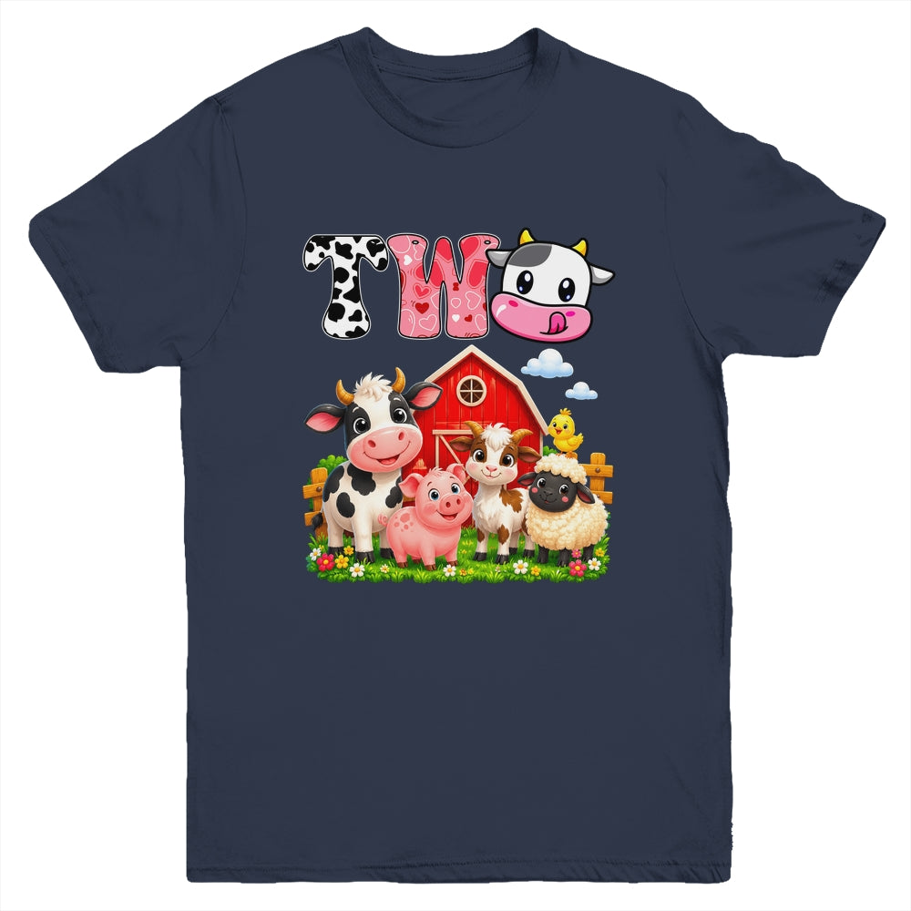 2nd Birthday Two Years Old Farm Theme Party Cow Birthday Youth Shirt | siriusteestore