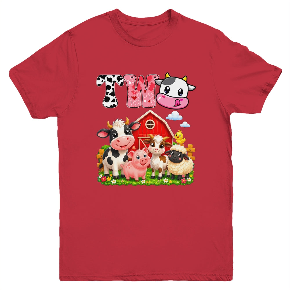 2nd Birthday Two Years Old Farm Theme Party Cow Birthday Youth Shirt | siriusteestore