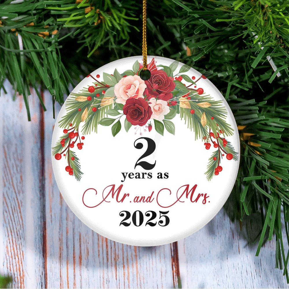 2nd Wedding Anniversary 2 Years As Mr & Mrs 2025 Christmas Ornaments Gifts For Couples Husband Wife Holiday Decoration Christmas Tree Ornament | siriusteestore
