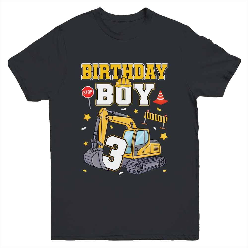 3rd Birthday Boy 3 Years Old Excavator Three Decorations Youth Shirt | siriusteestore
