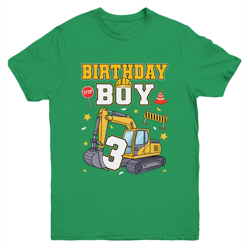 3rd Birthday Boy 3 Years Old Excavator Three Decorations Youth Shirt | siriusteestore