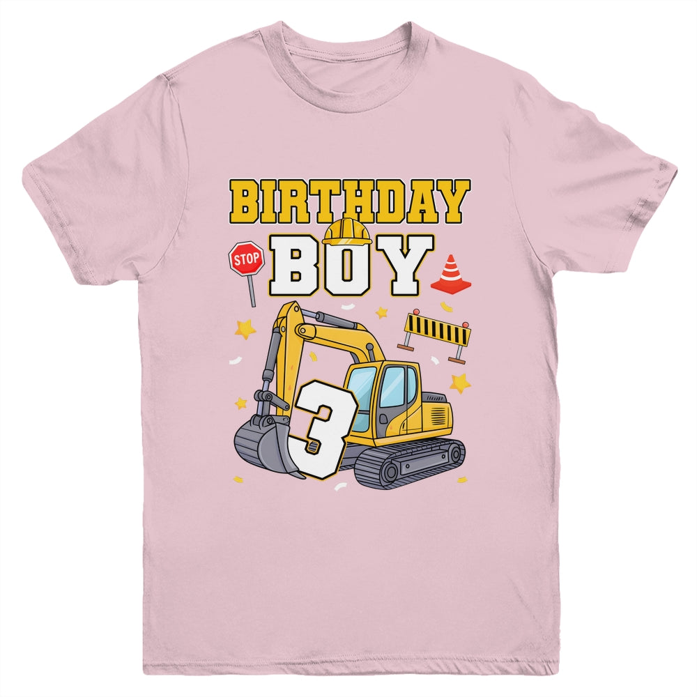 3rd Birthday Boy 3 Years Old Excavator Three Decorations Youth Shirt | siriusteestore