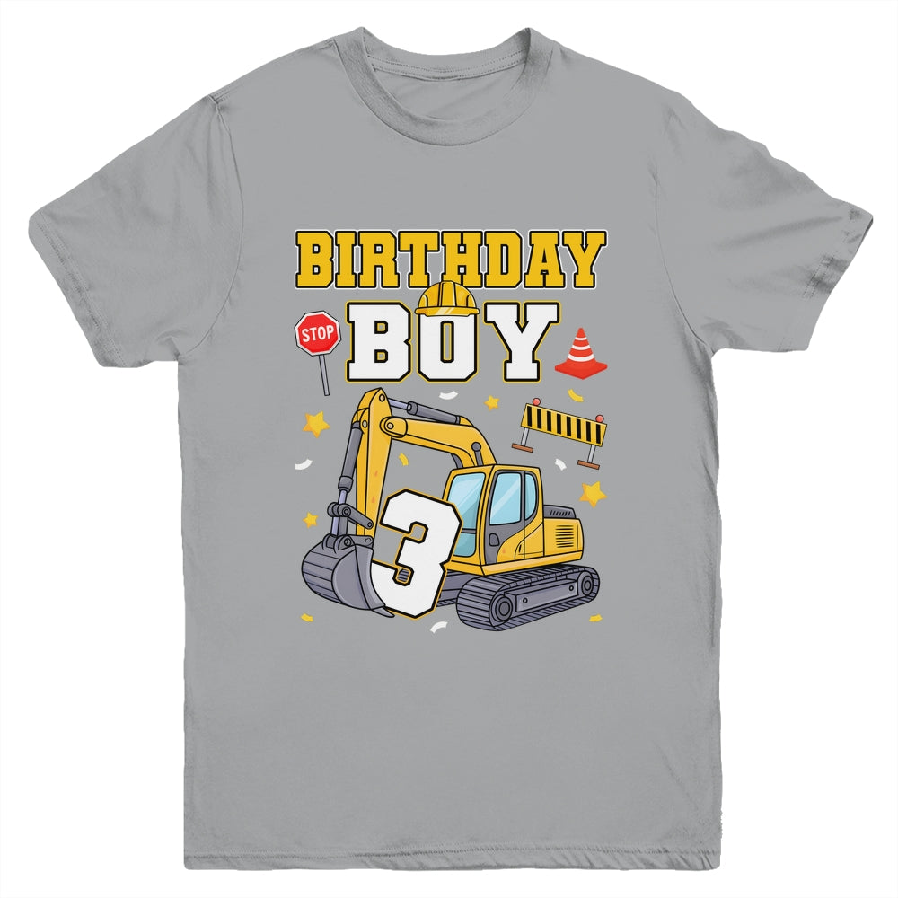 3rd Birthday Boy 3 Years Old Excavator Three Decorations Youth Shirt | siriusteestore