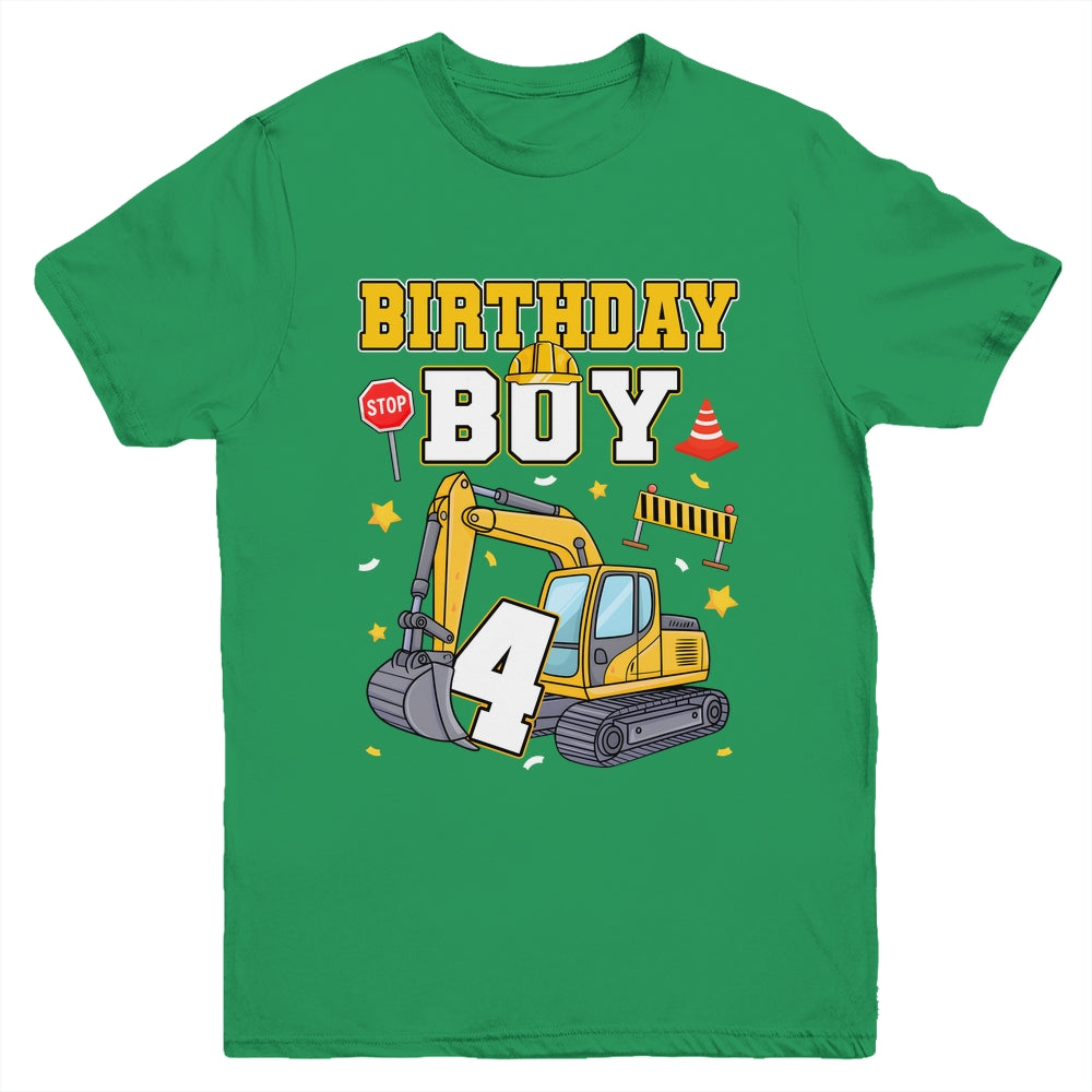 4th Birthday Boy 4 Years Old Excavator Three Decorations Youth Shirt | siriusteestore