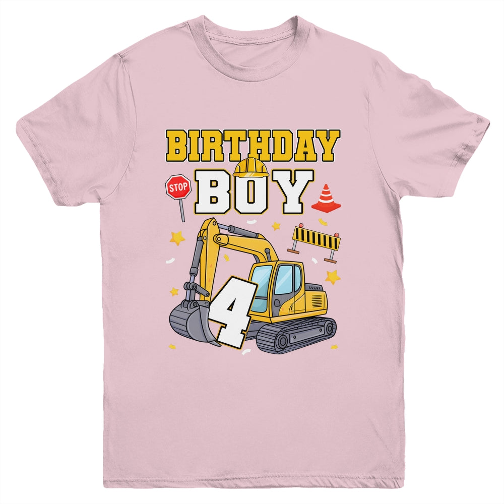 4th Birthday Boy 4 Years Old Excavator Three Decorations Youth Shirt | siriusteestore