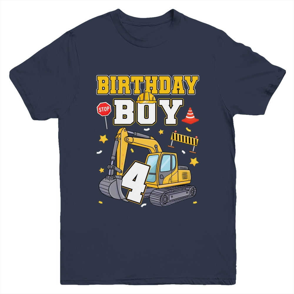 4th Birthday Boy 4 Years Old Excavator Three Decorations Youth Shirt | siriusteestore