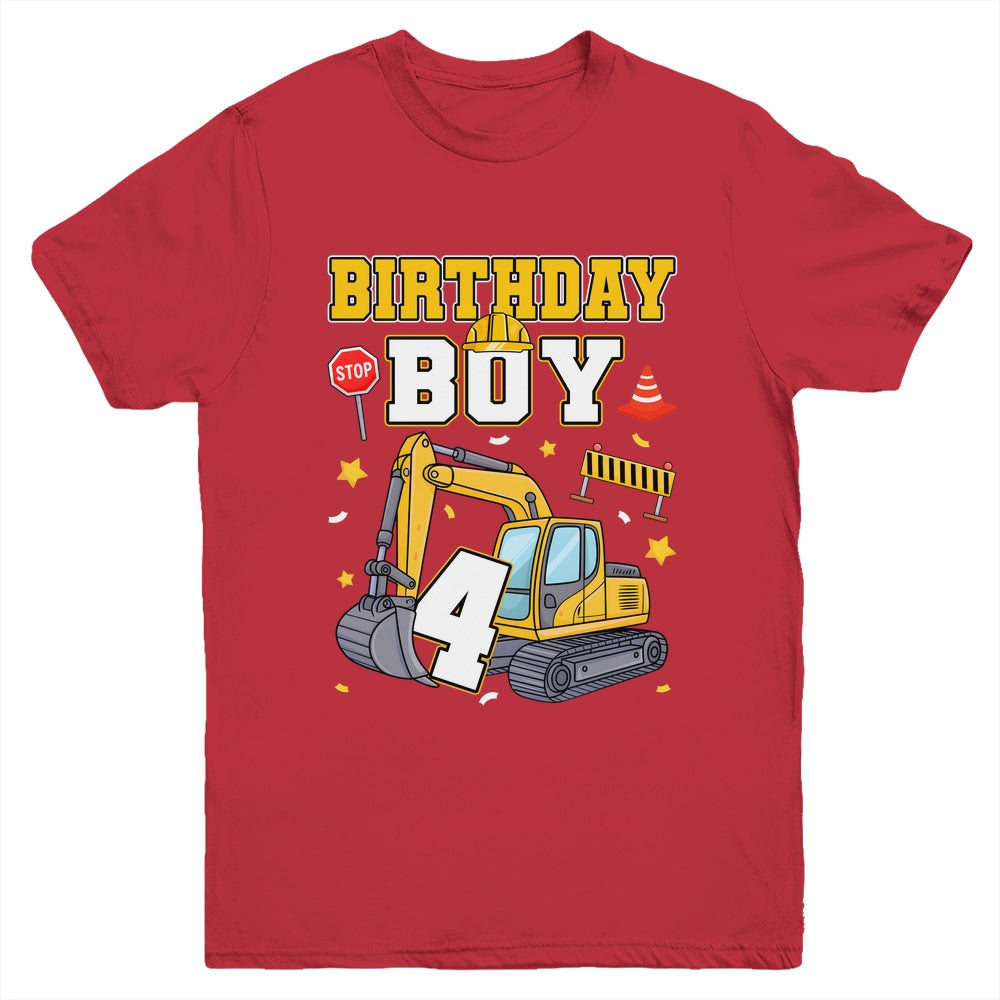 4th Birthday Boy 4 Years Old Excavator Three Decorations Youth Shirt | siriusteestore