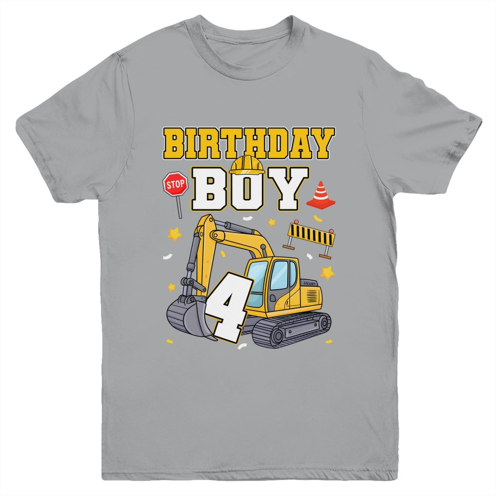 4th Birthday Boy 4 Years Old Excavator Three Decorations Youth Shirt | siriusteestore
