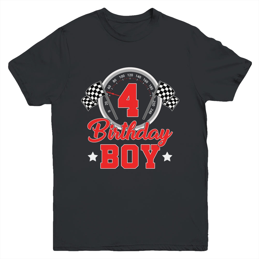 4th Birthday Boy Race Car Birthday Racing Car Flag Youth Shirt | siriusteestore
