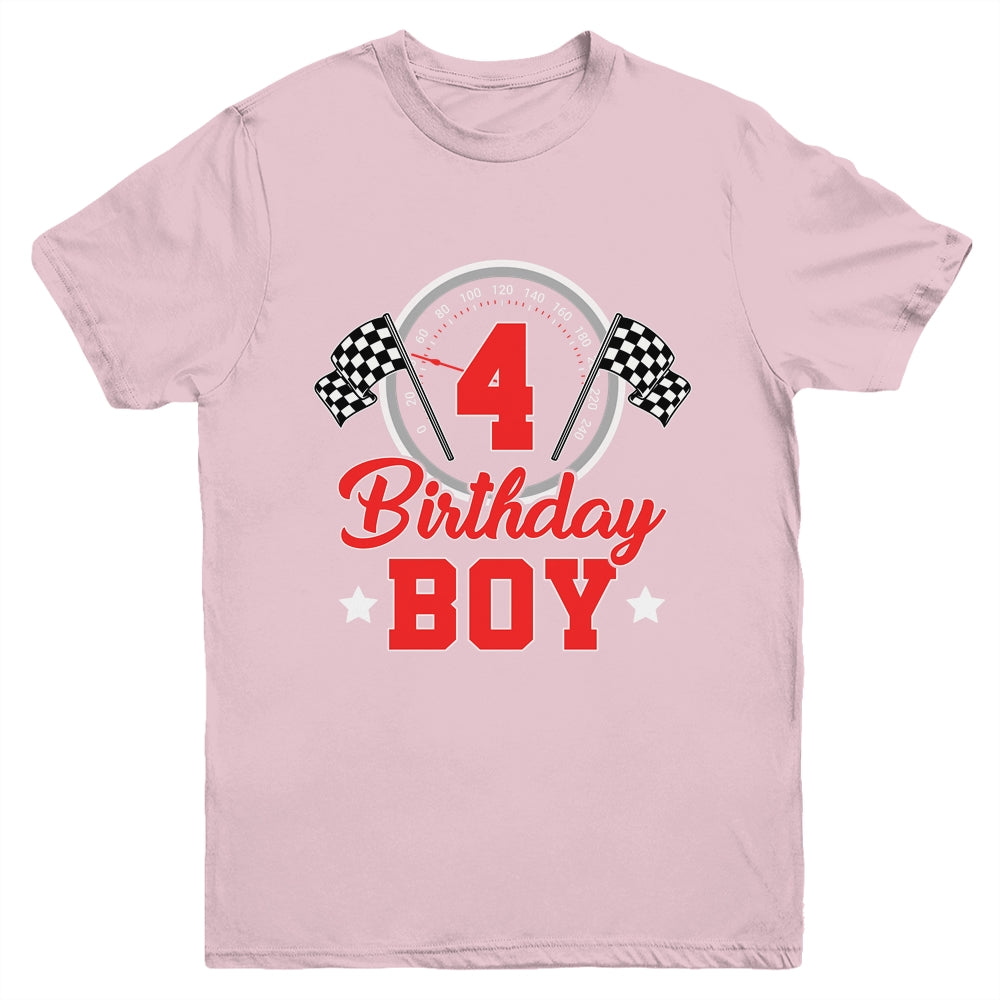 4th Birthday Boy Race Car Birthday Racing Car Flag Youth Shirt | siriusteestore