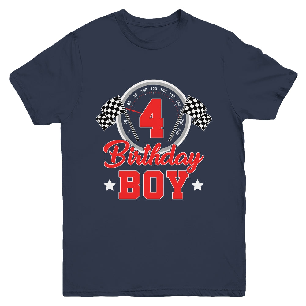 4th Birthday Boy Race Car Birthday Racing Car Flag Youth Shirt | siriusteestore