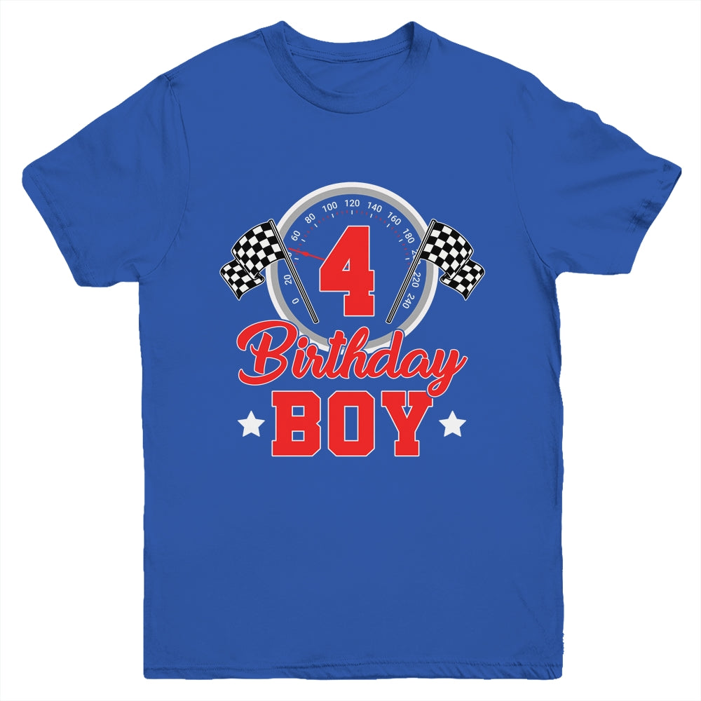 4th Birthday Boy Race Car Birthday Racing Car Flag Youth Shirt | siriusteestore