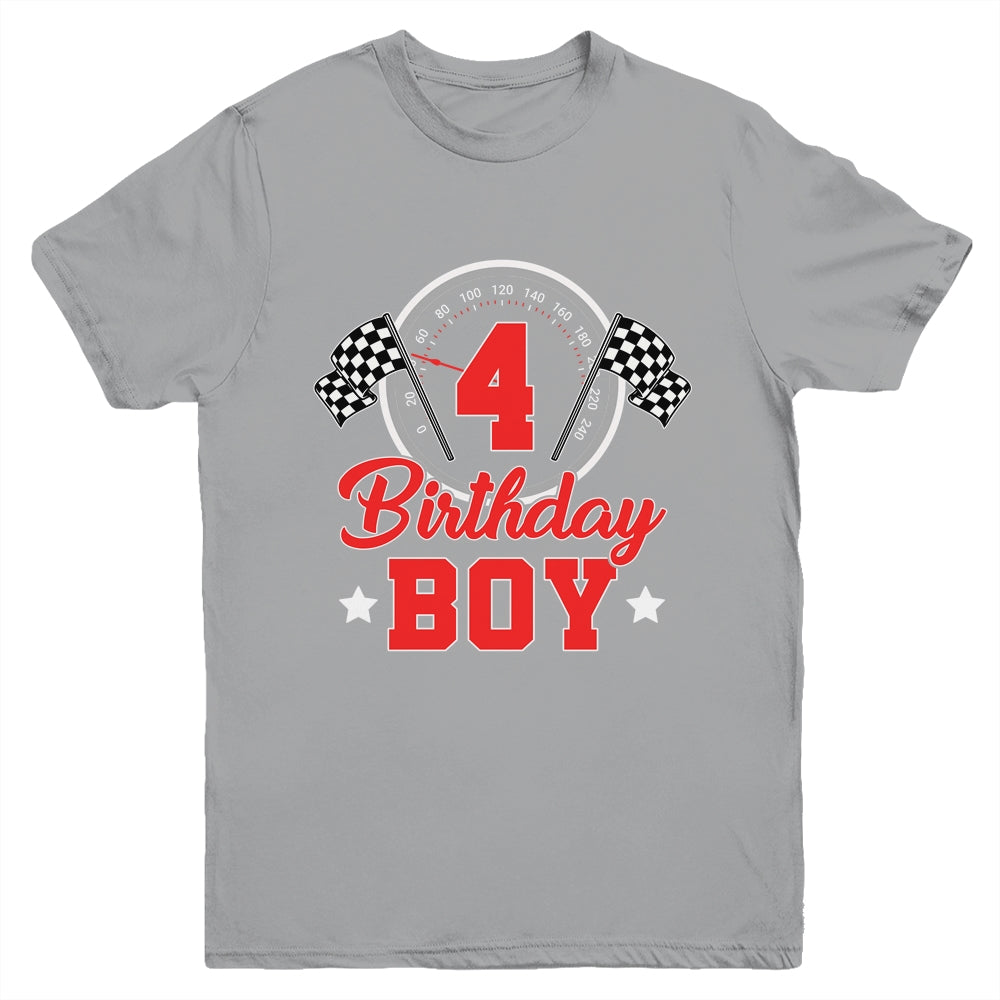 4th Birthday Boy Race Car Birthday Racing Car Flag Youth Shirt | siriusteestore
