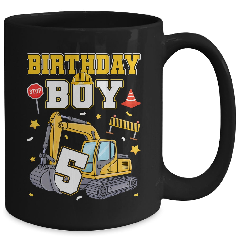 5th Birthday Boy 5 Years Old Excavator Three Decorations Mug | siriusteestore