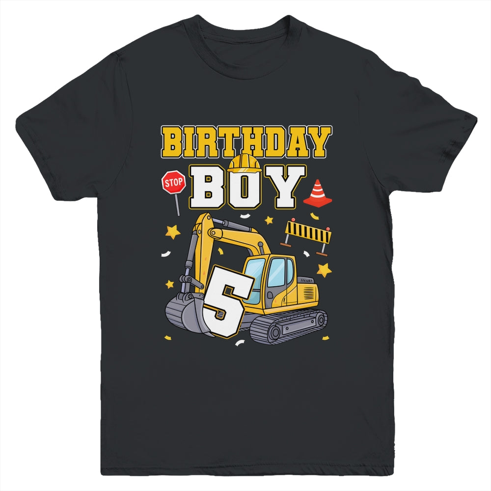 5th Birthday Boy 5 Years Old Excavator Three Decorations Youth Shirt | siriusteestore