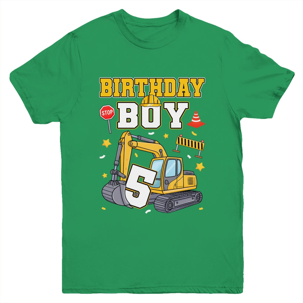 5th Birthday Boy 5 Years Old Excavator Three Decorations Youth Shirt | siriusteestore