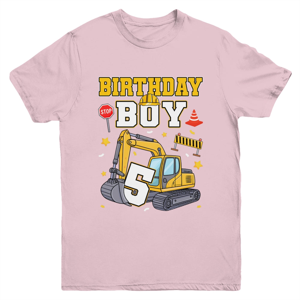 5th Birthday Boy 5 Years Old Excavator Three Decorations Youth Shirt | siriusteestore