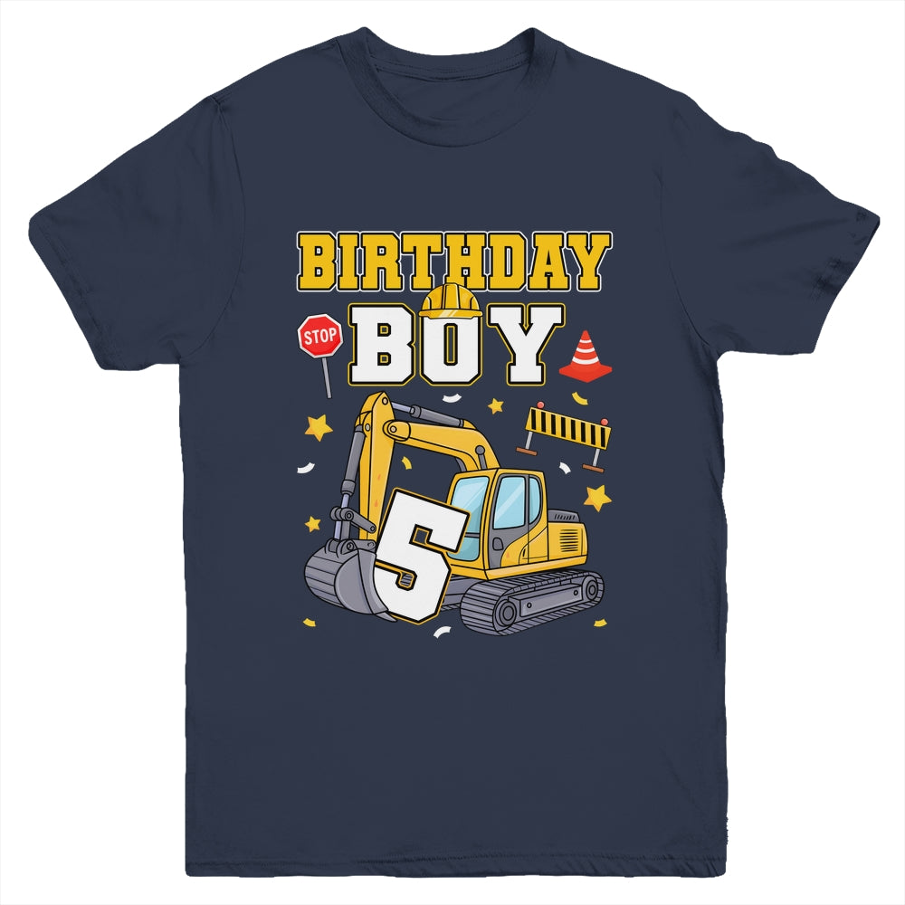 5th Birthday Boy 5 Years Old Excavator Three Decorations Youth Shirt | siriusteestore