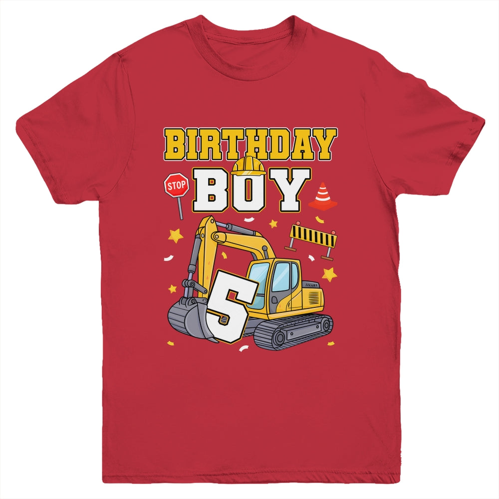 5th Birthday Boy 5 Years Old Excavator Three Decorations Youth Shirt | siriusteestore