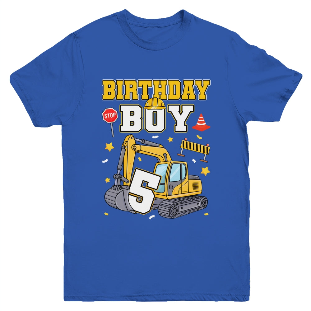 5th Birthday Boy 5 Years Old Excavator Three Decorations Youth Shirt | siriusteestore