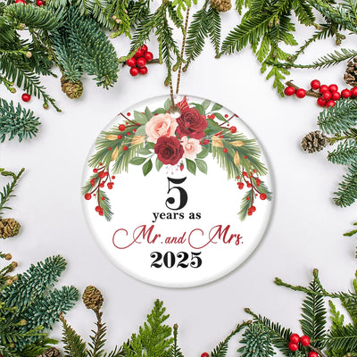 5th Wedding Anniversary 5 Years As Mr & Mrs 2025 Christmas Ornaments Gifts For Couples Husband Wife Holiday Decoration Christmas Tree Ornament | siriusteestore