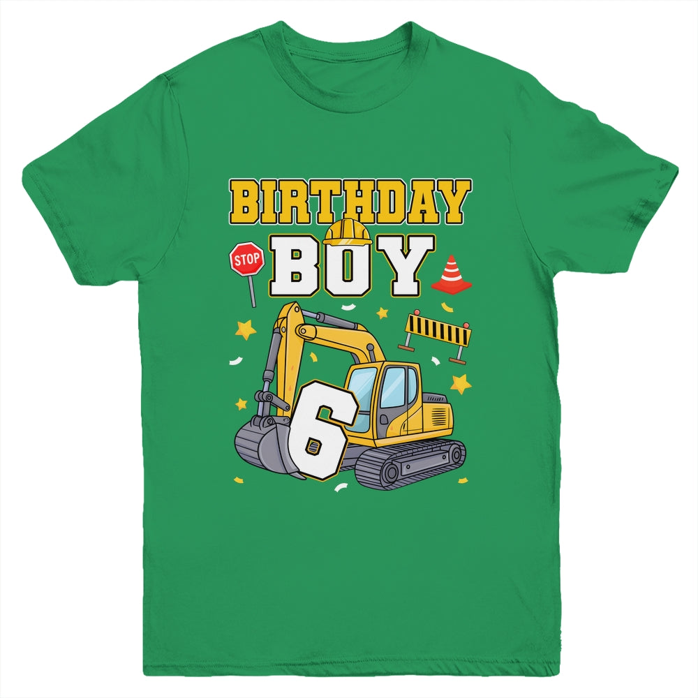 6th Birthday Boy 6 Years Old Excavator Three Decorations Youth Shirt | siriusteestore
