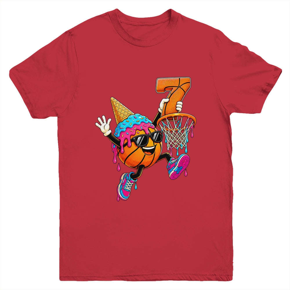 7Th Birthday Basketball Drip Ice Cream 7 Years Old Boys Kids Youth Shirt | siriusteestore