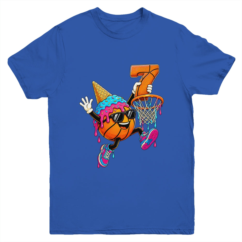 7Th Birthday Basketball Drip Ice Cream 7 Years Old Boys Kids Youth Shirt | siriusteestore