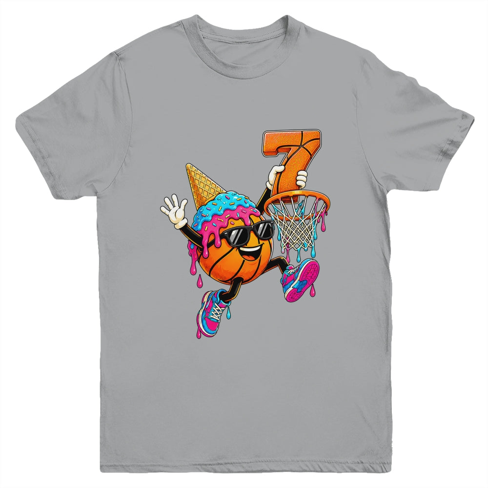7Th Birthday Basketball Drip Ice Cream 7 Years Old Boys Kids Youth Shirt | siriusteestore