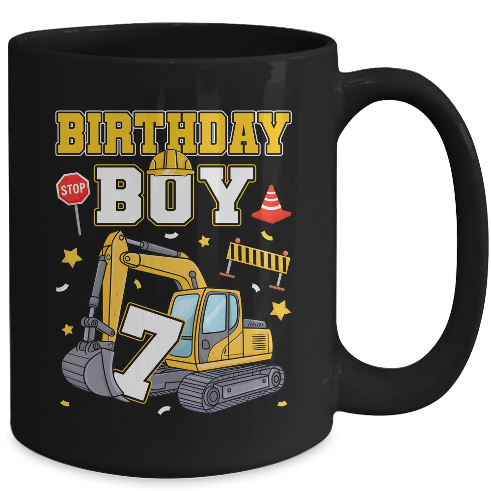 7th Birthday Boy 7 Years Old Excavator Three Decorations Mug | siriusteestore