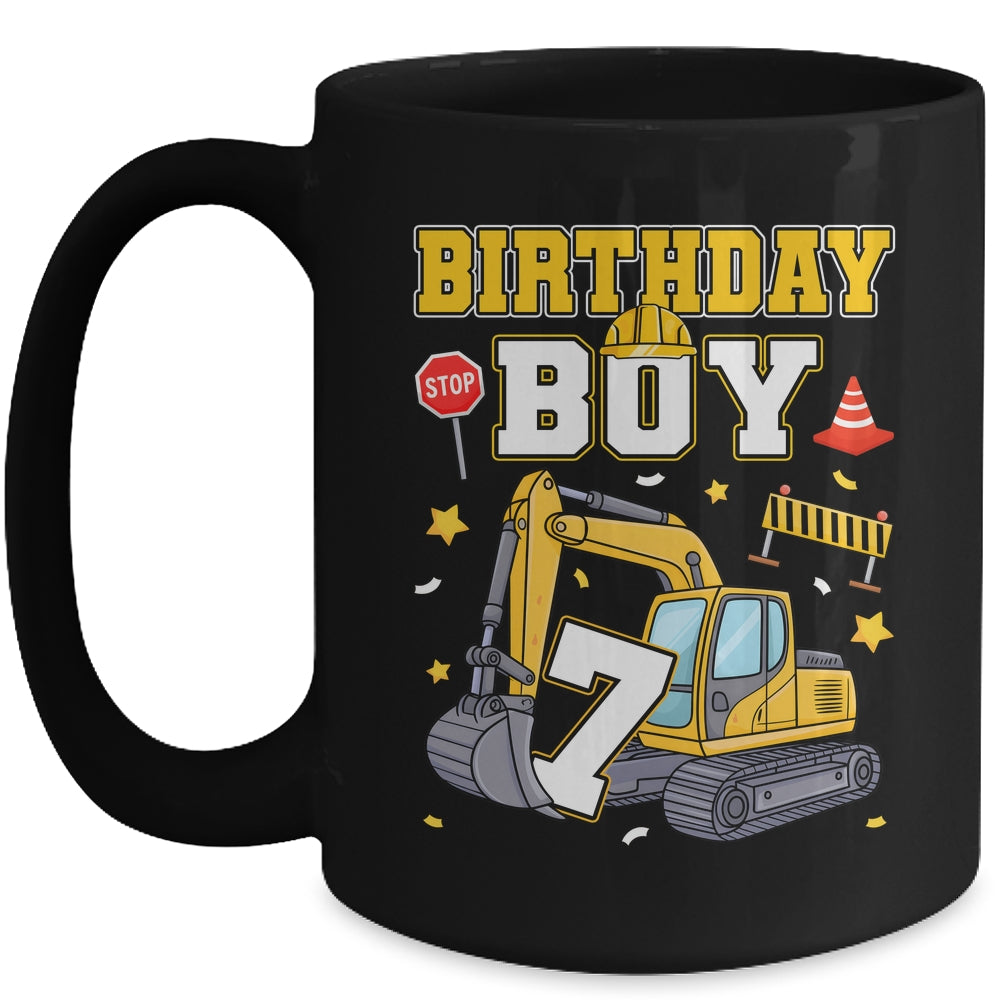 7th Birthday Boy 7 Years Old Excavator Three Decorations Mug | siriusteestore