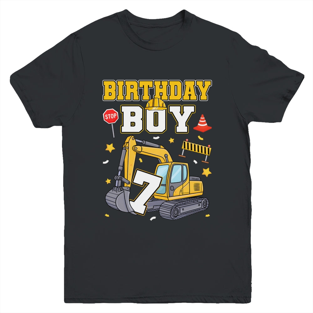 7th Birthday Boy 7 Years Old Excavator Three Decorations Youth Shirt | siriusteestore