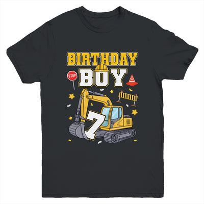 7th Birthday Boy 7 Years Old Excavator Three Decorations Youth Shirt | siriusteestore