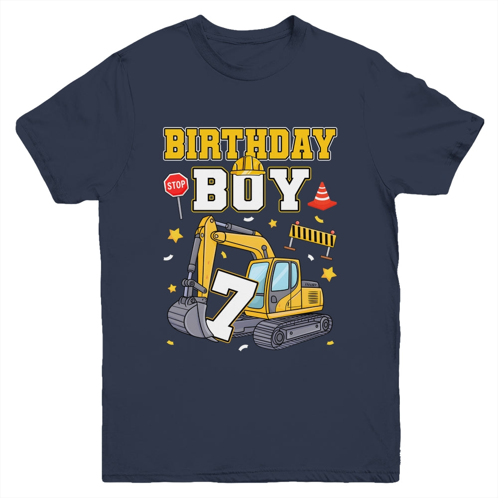7th Birthday Boy 7 Years Old Excavator Three Decorations Youth Shirt | siriusteestore