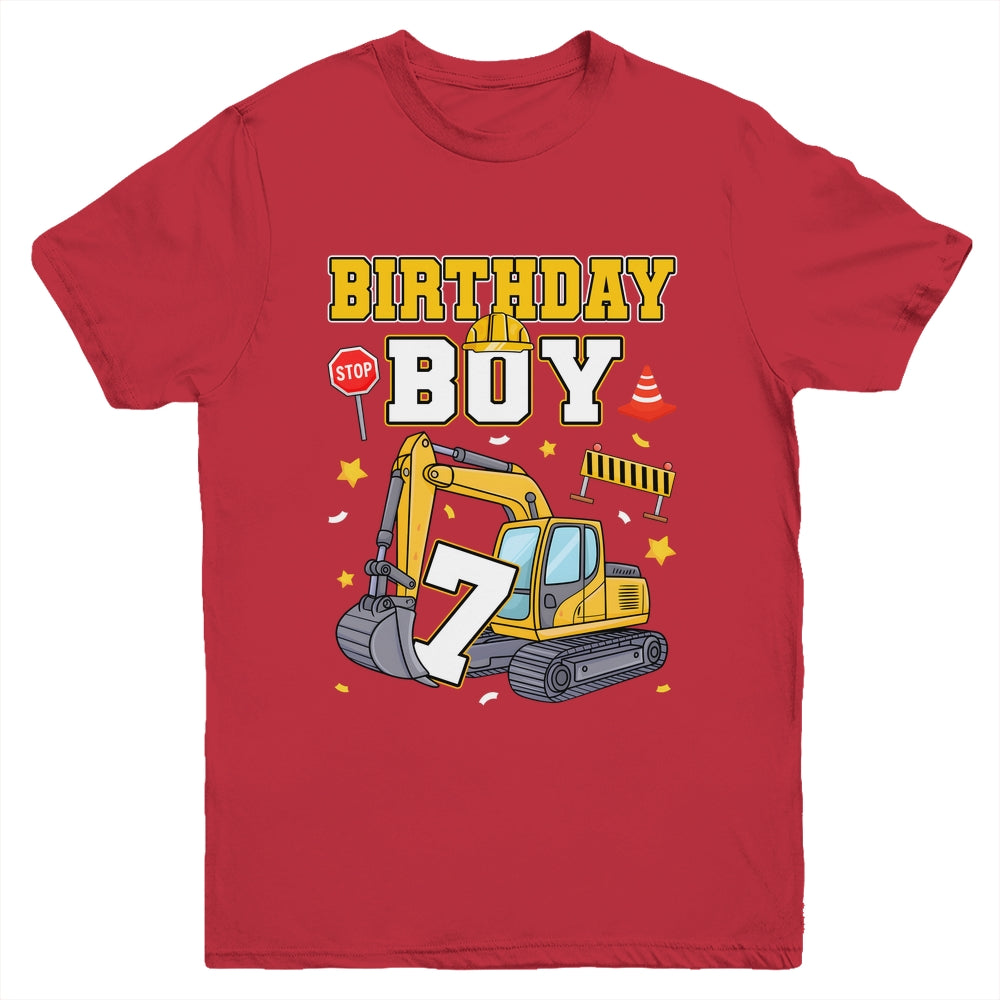 7th Birthday Boy 7 Years Old Excavator Three Decorations Youth Shirt | siriusteestore