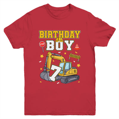 7th Birthday Boy 7 Years Old Excavator Three Decorations Youth Shirt | siriusteestore