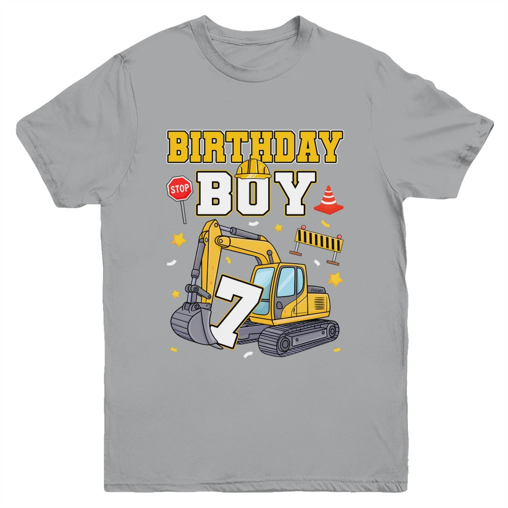 7th Birthday Boy 7 Years Old Excavator Three Decorations Youth Shirt | siriusteestore