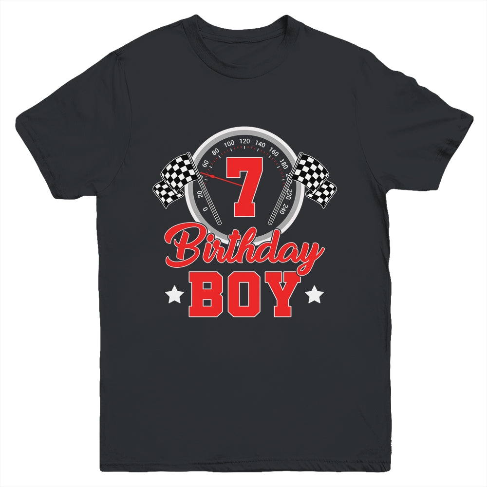 7th Birthday Boy Race Car Birthday Racing Car Flag Youth Shirt | siriusteestore