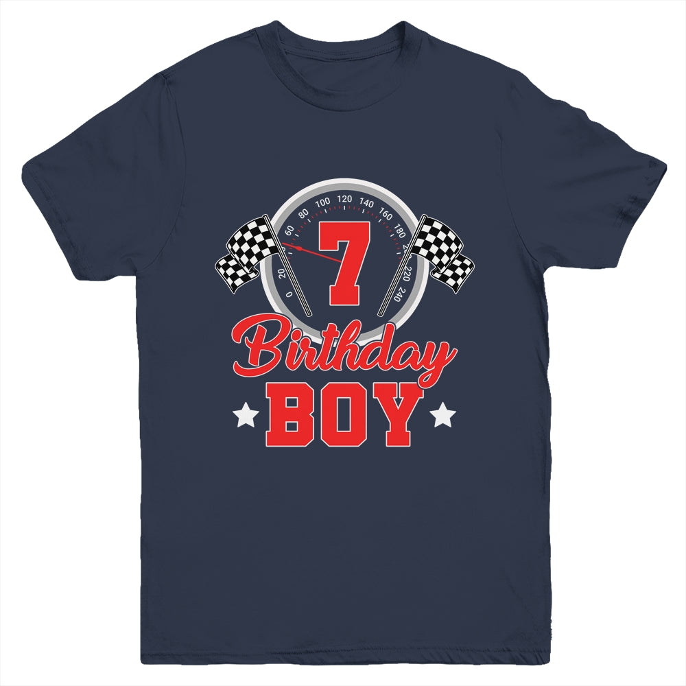 7th Birthday Boy Race Car Birthday Racing Car Flag Youth Shirt | siriusteestore