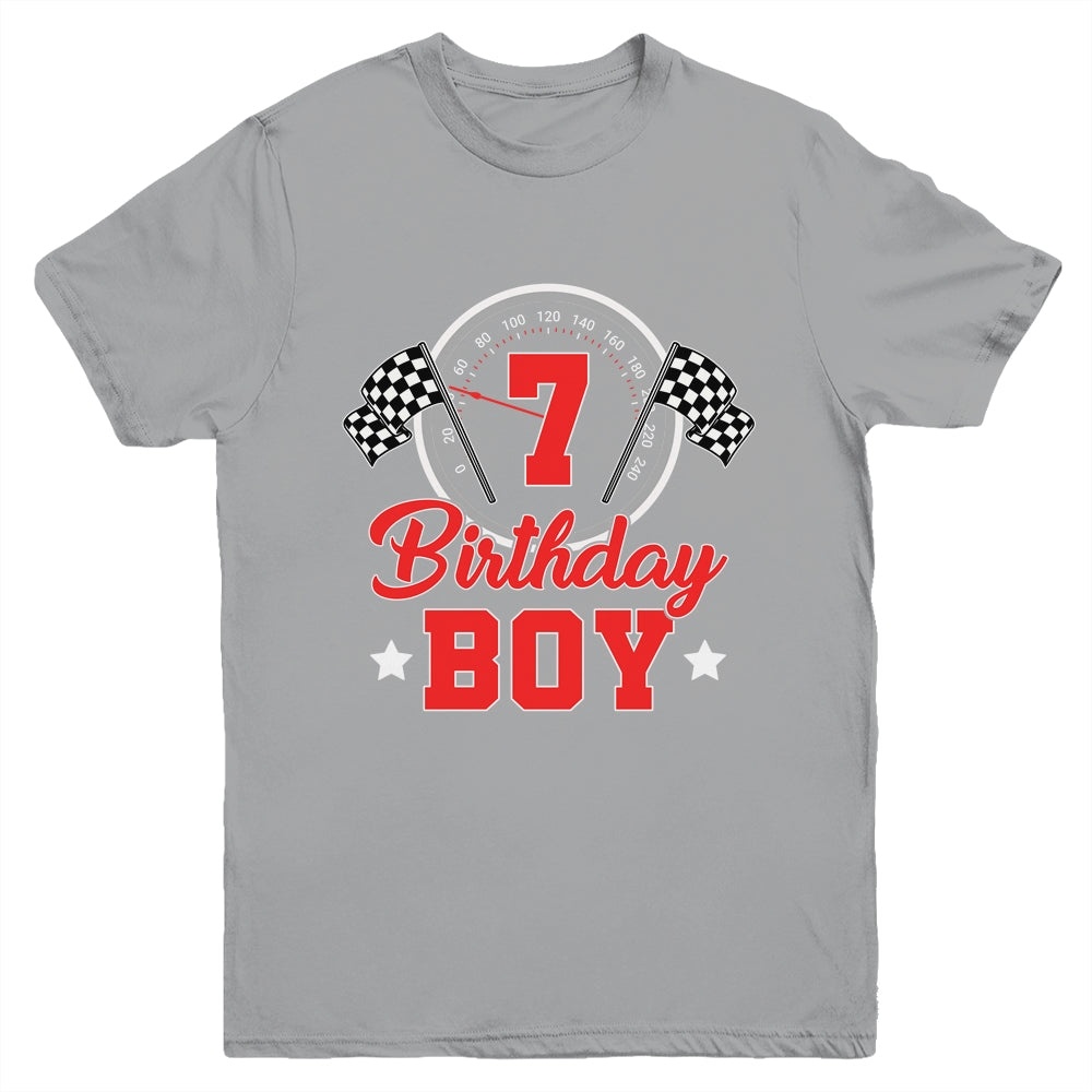7th Birthday Boy Race Car Birthday Racing Car Flag Youth Shirt | siriusteestore