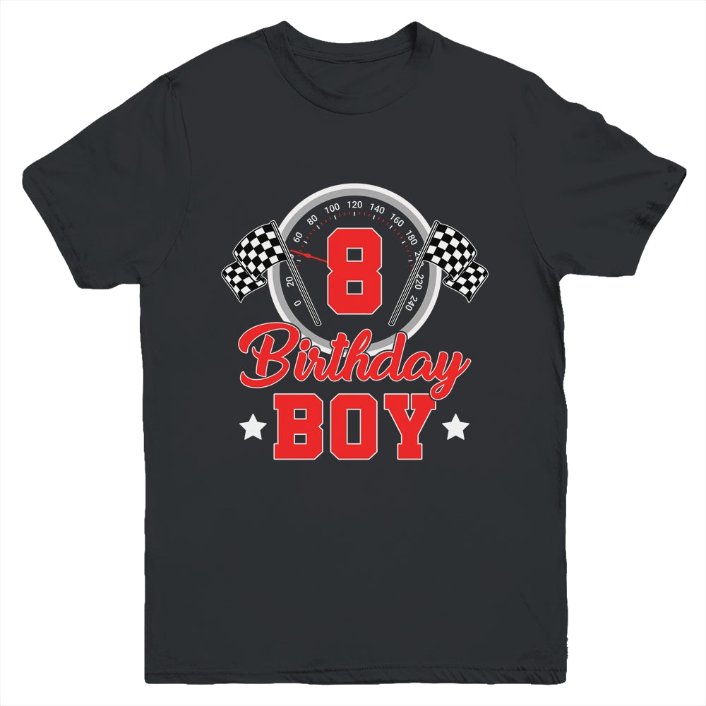 8th Birthday Boy Race Car Birthday Racing Car Flag Youth Shirt | siriusteestore