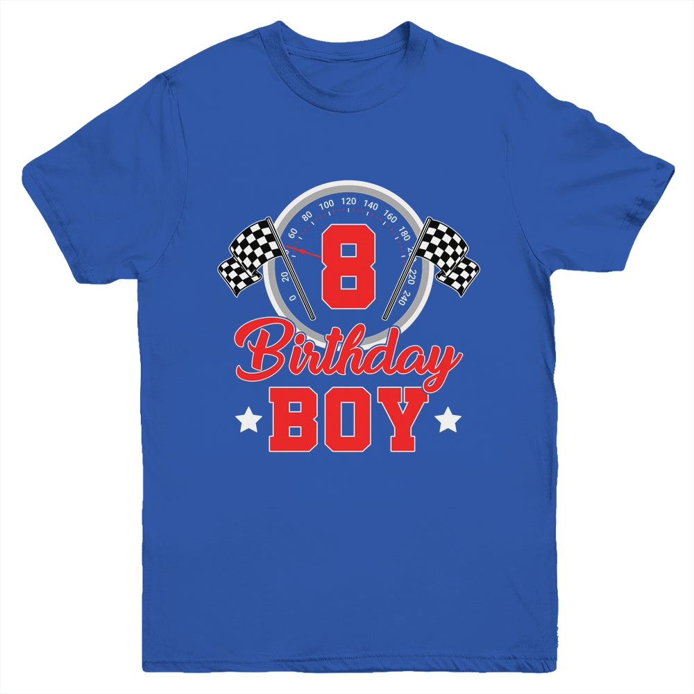 8th Birthday Boy Race Car Birthday Racing Car Flag Youth Shirt | siriusteestore