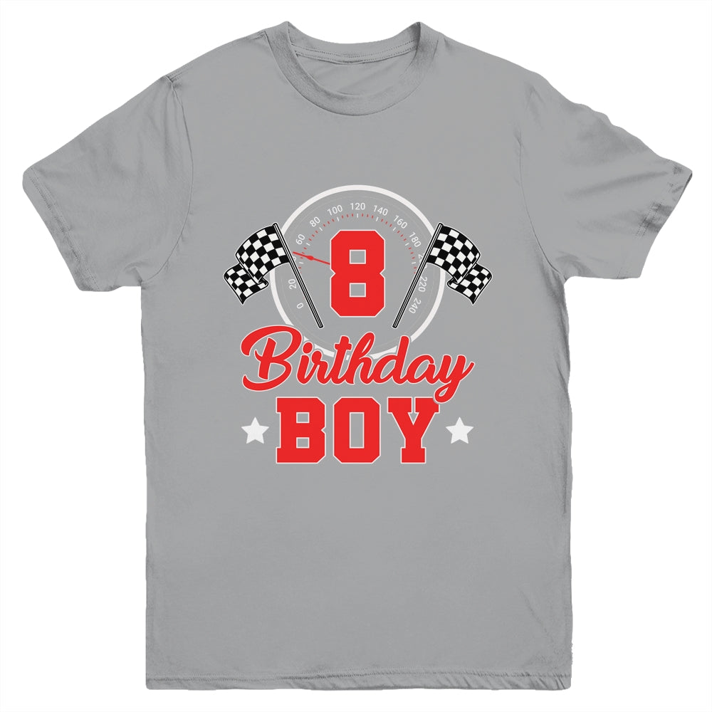 8th Birthday Boy Race Car Birthday Racing Car Flag Youth Shirt | siriusteestore