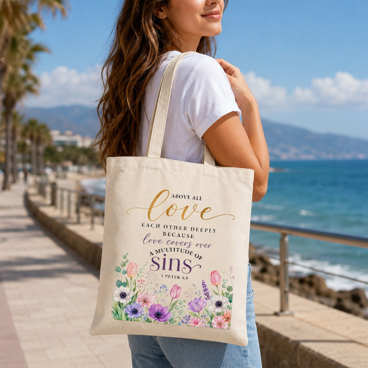 Above All Love Each Other Deeply 1 Peter 4 8 Floral Christian Tote Bag For Women Bible Verse Canvas Bag Church Faith Religious Gift Reusable Shopping Beach Travel | siriusteestore