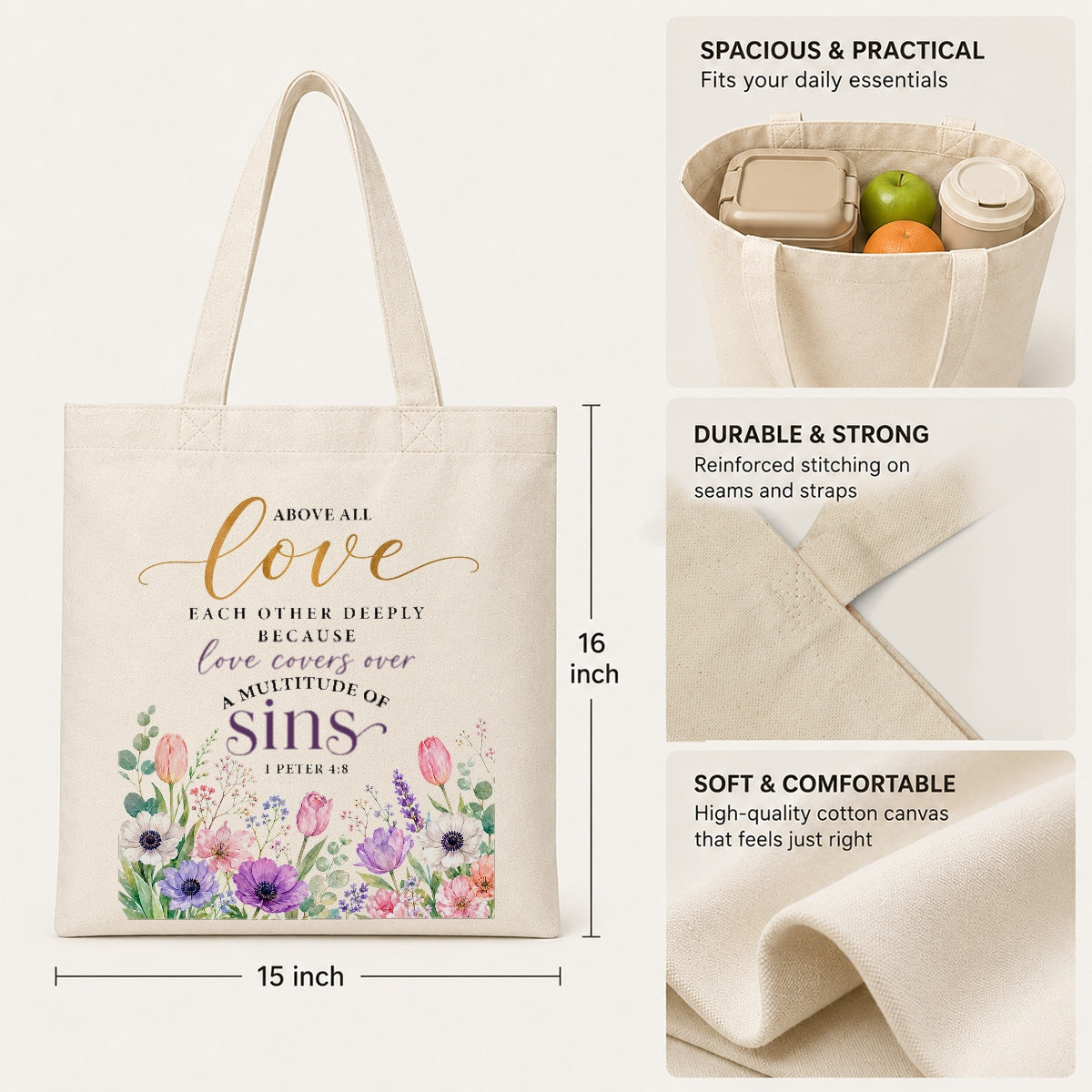 Above All Love Each Other Deeply 1 Peter 4 8 Floral Christian Tote Bag For Women Bible Verse Canvas Bag Church Faith Religious Gift Reusable Shopping Beach Travel | siriusteestore
